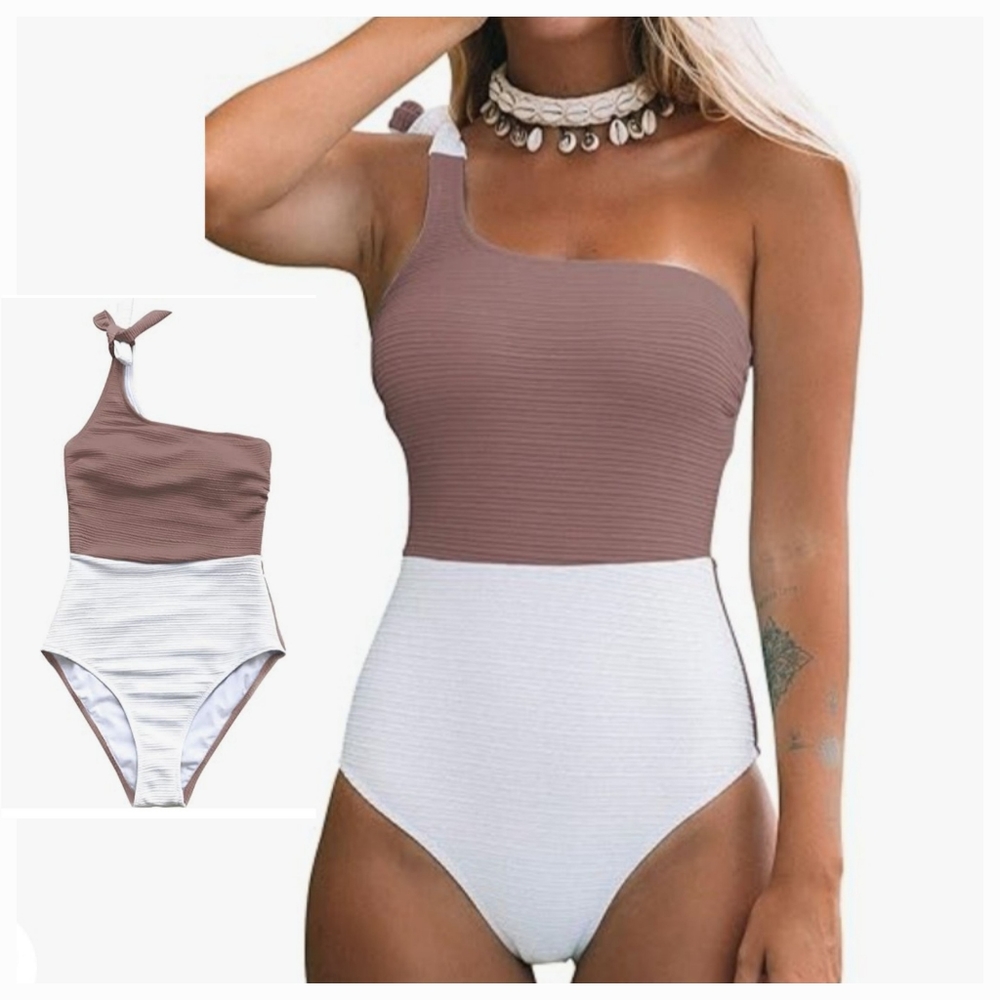 NWT Cupshe colorblock, one shoulder one piece swimsuit. Sz XLG. Brown/white